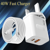 Chargeur rapide double port PD 40W USB-A USB-C avec câble de données Type-C, prise EU/US/AU/UK, prix d'usine, adaptateur secteur pour téléphone portable