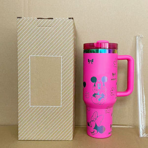 Gobelet isotherme en acier inoxydable de 40 oz, personnalisé avec un design moderne de dessin animé gravé au laser, tasse thermos sous vide pour voiture avec poignée, couvercle et paille - Product Image 4