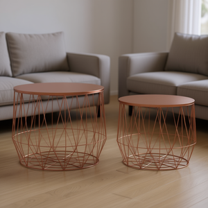 Set Of 2 Detachable Copper Metal Coffee <b>Tables</b> Modern Contemporary Living Room Furniture Wood Top Metal Frame - Product Image 2