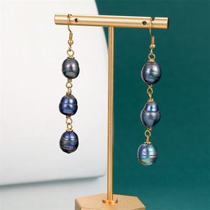 Pendiente de perla de agua dulce natural de acero inoxidable, cadena de perlas hechas a mano, perlas de color negro <span class=keywords><strong>tahitiano</strong></span>, joyería hawaiana al por mayor - Product Image 3