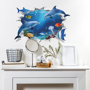 Autocollant mural océanique 3D effet mur brisé en PVC étanche, motif <span class=keywords><strong>dauphin</strong></span>, idéal <span class=keywords><strong>pour</strong></span> <span class=keywords><strong>salle</strong></span> de <span class=keywords><strong>bain</strong></span> et chambre d'enfant - Vente chaude - Product Image 3