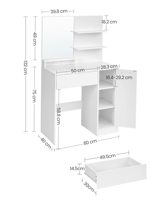 Table de maquillage moderne avec grand miroir, étagères réglables, 1 tiroir, 2 étagères ouvertes, blanche