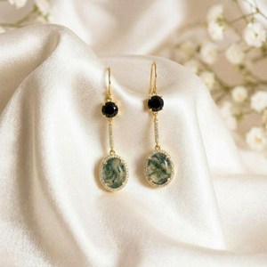 Green Moss Agate Black Obsidian Gemstone <b>Earrings</b> Featuring Oval Dangle Style in 925 Sterling <b>Silver</b> or 18K Gold Filled - Product Image 1