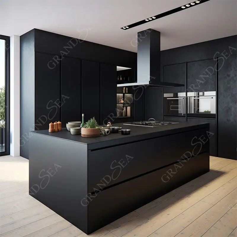 Trung Quốc Nhà sản xuất tùy chỉnh màu đen Matt sơn mài handless tủ bếp đựng thức ăn thiết kế