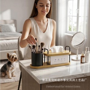 Boîte à mouchoirs en bois, support de rangement de bureau, porte-pinceaux de maquillage, plateau organisateur multifonctionnel, en pin, design moderne - Product Image 1