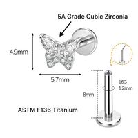 JiaXin ASTM F136 G23 Titane Push Pin sans filetage Labret Stud pour Lèvre, Hélix, Conch, Cartilage, avec incrustation CZ Cœur, Bijou de piercing 16G