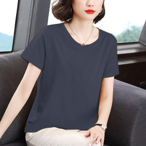 Women's Round Neck Short Sleeve T-Shirt <b>Khaki</b> Cotton Knitted Breathable Loose Fit Summer Casual <b>Top</b> - Product Image 2