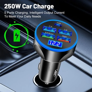 Chargeur de voiture <span class=keywords><strong>USB</strong></span> C <span class=keywords><strong>5</strong></span> en 1 à <span class=keywords><strong>5</strong></span> ports avec affichage numérique LED, adaptateur de charge rapide PD QC3.0, protection anti-feu pour écouteurs, garantie 12 mois - Product Image 5
