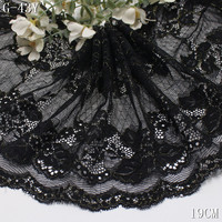Dentelle extensible noire en spandex doux de 19 cm, tissu de luxe brillant avec fleur et fil doré, bordure en dentelle extensible pour robe et soutien-gorge