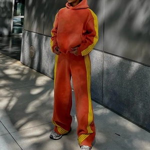 Conjunto de Sudadera con Capucha y Pantalones de Chándal de Algodón Grueso de 500G, Estilo Vintage Lavado y Decolorado, con Rayas, para Hombre, Venta al Por Mayor - Product Image 2