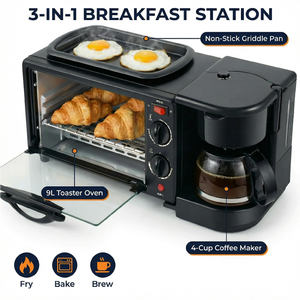 Station petit-déjeuner multifonctionnelle 3-en-1 : Four grille-pain électrique, cafetière et plancha - Product Image 2