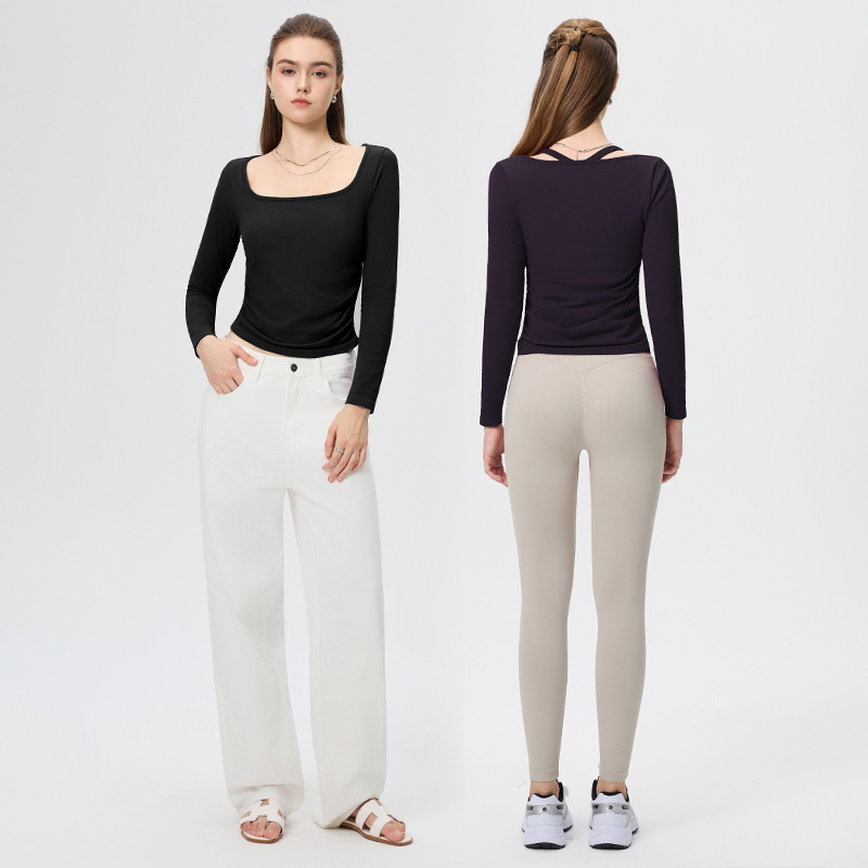 Sports Long-Sleeved Wide-Neck Breathable Spandex/Nylon Women's Slim-Fit Yoga Top Fitness Autumn Winter