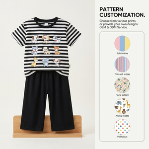 Pigiama per Bambini Personalizzabile 95% Cotone 5% Spandex Estivo a Righe Manica Corta con Pizzo Cartone Animato per Bambini e Adolescenti 3-18 Anni - Product Image 2