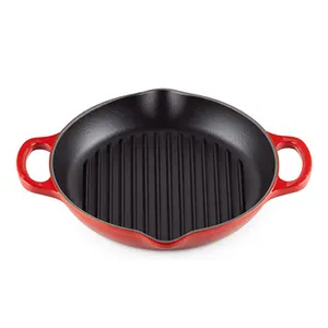 Nonstick enamel coated oven round baking plate treatment cast iron cooking pan with ridges
