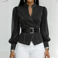 Chemisier en jean pour femme à manches bouffantes en résille, col montant, devant croisé, ceinture à la taille, style peplum, pour soirée et mode, vente en gros
