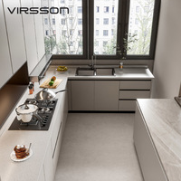Ensembles de meubles de cuisine modulaires en PVC, personnalisables, prêts à assembler, avec robinet en marbre blanc, évier en panneau mélaminé, pour usage commercial