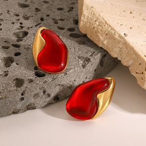 Yueli <b>Red</b> Stud <b>Earrings</b> Stainless Steel Irregular Geometric Party Jewelry - Product Image 3