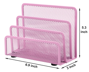 Desk Mail Organizer <b>Pink</b> Office Small Letter Stand Sorter Desktop File Organizer Metal Mesh with 3 Vertical Upright Compartments - Product Image 2