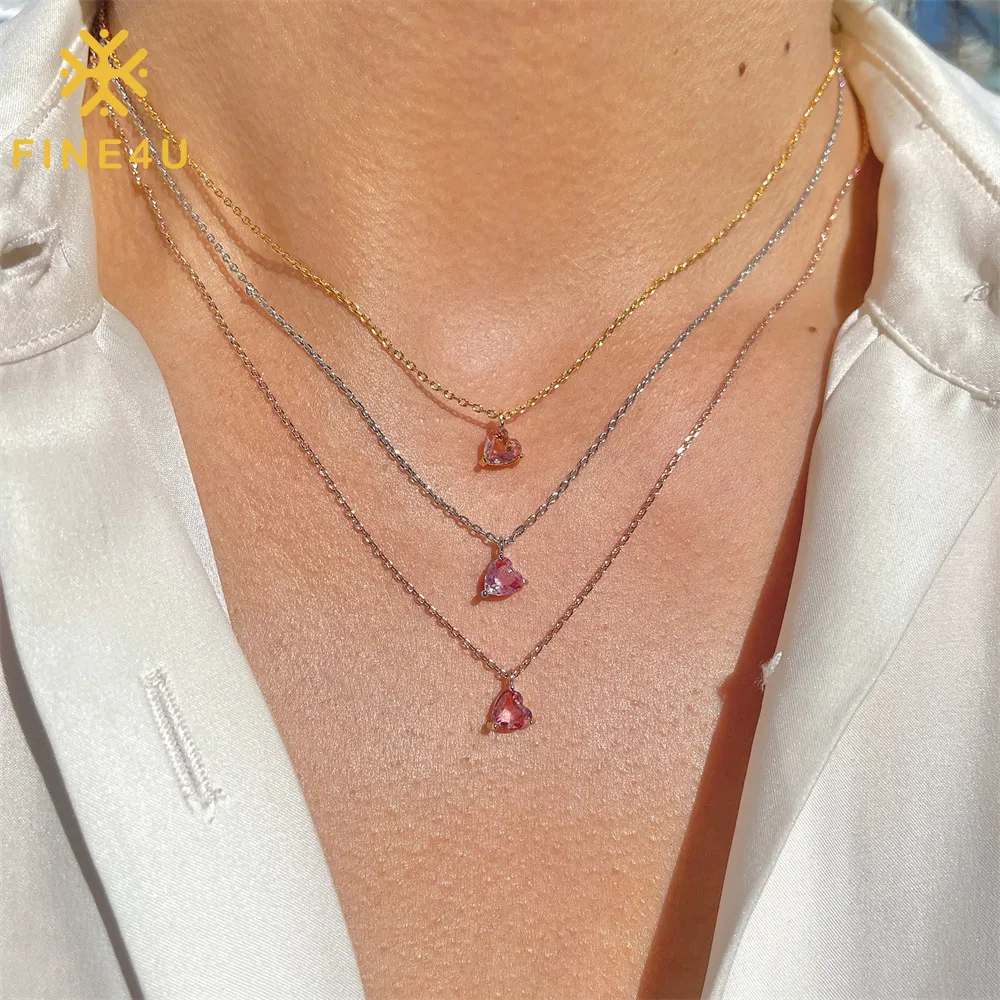 Dainty Girls Fashion Brass 18K Gold Plated Pink Zirconia Rhinestone Heart Pendant Diamond Necklace