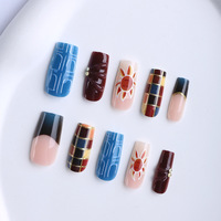Nouvelles faux ongles carrés à presser, capsules d'ongles en gel 3D imprimées couleurs contrastées style bohème, vente en gros transfrontalière