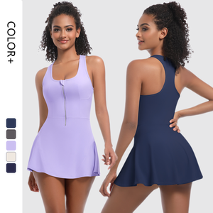 Robe de sport 2 en 1 pour femme, dos nageur, fermeture éclair sur le devant, avec short intégré, pour la course, le yoga et la gym - Product Image 1