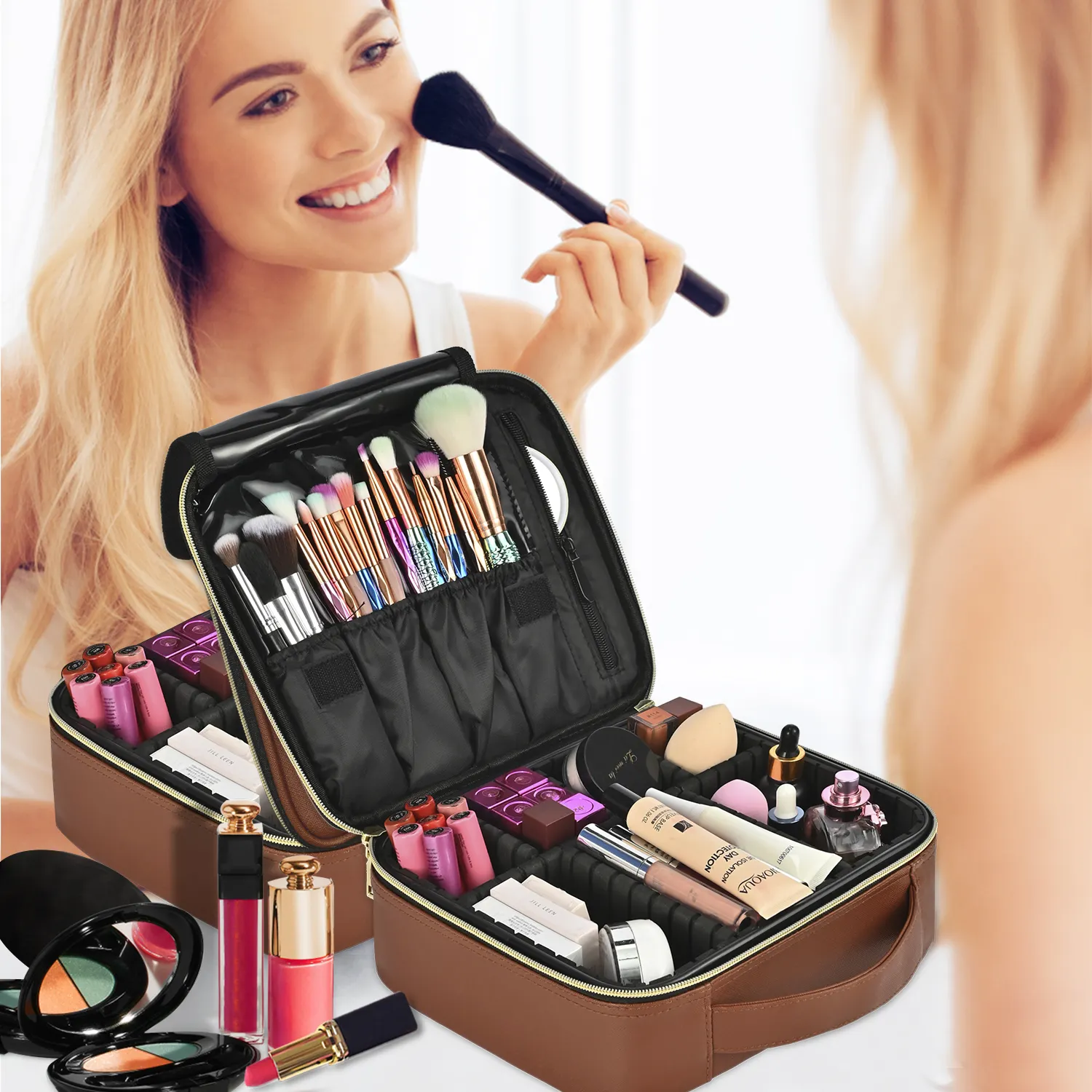 Werbe geschenke Pu Leder Make-up Fall Abnehmbare Trennwände Reiß verschluss Kosmetik Werkzeug Organizer Kosmetik Braun Karierte Make-up Tasche