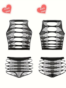 Ensemble de lingerie en résille pour femme, haut court ajouré à bretelles avec culotte taille haute - Product Image 6