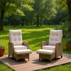 Sillas Reclinables de Ratán Sintético para Patio con Reposapiés, Beige, Muebles de Jardín para Exteriores, Estilo Moderno y Contemporáneo - Product Image 2
