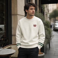 Sweat-shirt à col rond personnalisé en ivoire brodé avec des rayures vertes sur les manches, OEM, pull unisexe