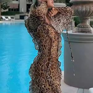 Robe Décontractée Sexy en Gros pour Femmes, Robe Longue en Mousseline à Col en V Profond et Manches Longues, Robe Léopard Fendue Modeste - Product Image 4