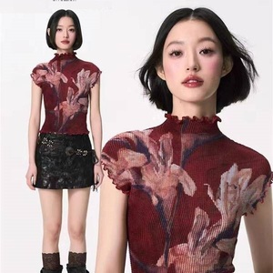 Kaos Wanita Leher Tinggi Motif Bunga Elegan Kemeja Kasual Baru Wanita Kemeja Musim Panas Wanita Atasan Blus Modis Wanita - Product Image 3