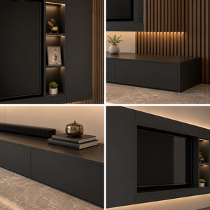 Meuble mural TV noir mat, console multimédia flottante en bois <span class=keywords><strong>avec</strong></span> étagère de présentation à panneaux rainurés pour salon moderne - Product Image 2