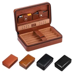 4-Finger Portable Travel Crocodile Skin-Style Brown Leather Cigar Case Cigar Humidor Cigar Cutter and Humidifier