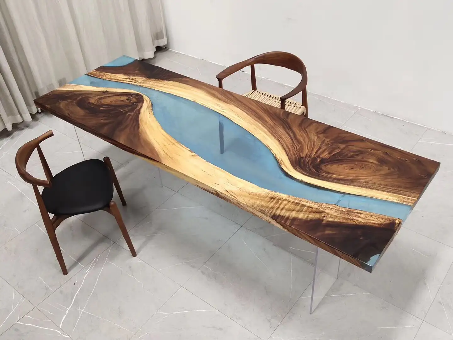 Epoxy resin solid wood river dining table top restaurant walnut wood custom made river resin table