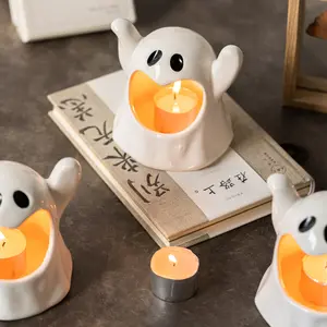 Creative and Cute Ghost White Ceramic Candlestick Crafts Halloween Atmosphere Decoration Candlestick Small Ornaments