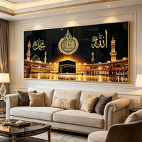 Jam Dinding Ka'bah Muslim Modern Seni Dinding Kota Suci Makkah Dekorasi Rumah Islami Hadiah Ramadan Idul Fitri Lukisan Kristal Porselen LED