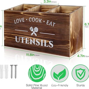 Caja de Almacenamiento de Utensilios de Madera Maciza Quemada de Estilo Vintage con Compartimentos para Organizadores de Cocina, Color Marrón - Product Image 3