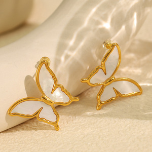 Pendientes de mariposa con concha blanca, aleación de zinc dorada, joyería de moda para mujer - Product Image 1