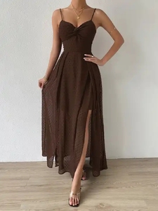 Dropshipping Producten 2025 Custom Groothandel Mode Strapless Split Losse Jurk Zwitserse Dot Twist Voorkant Stropdas Rugloze Wikkeljurk - Product Image 3