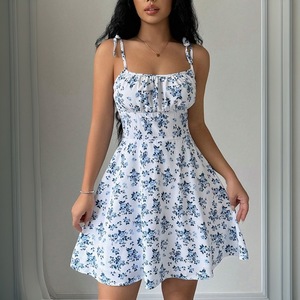 Verano Nueva ropa de mujer Popular <span class=keywords><strong>Floral</strong></span> Correa Vestido corto Cuello cuadrado <span class=keywords><strong>Falda</strong></span> suave - Product Image 6