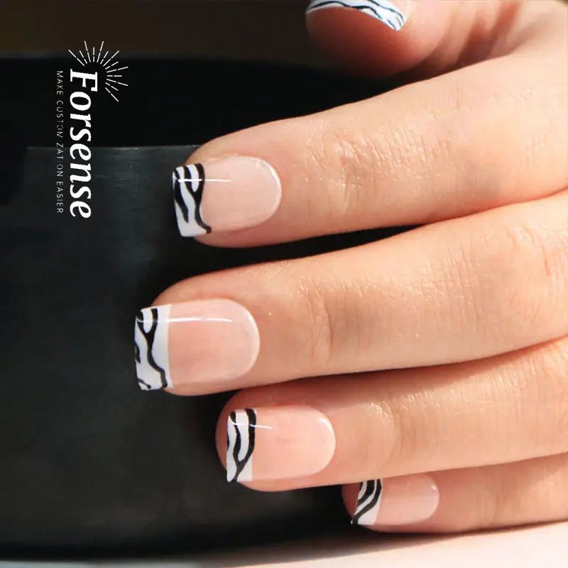 private label animal print zabra acrylic french tip press on nails short square nude fake nail beautiful high quality false nail