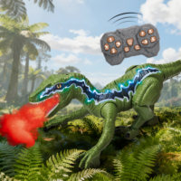 CQZNRC Dinosaurio Velociraptor de Control Remoto 2.4G con Spray de Agua, Luz LED y Sonido de Rugido - Dinosaurio RC Interactivo para Niños