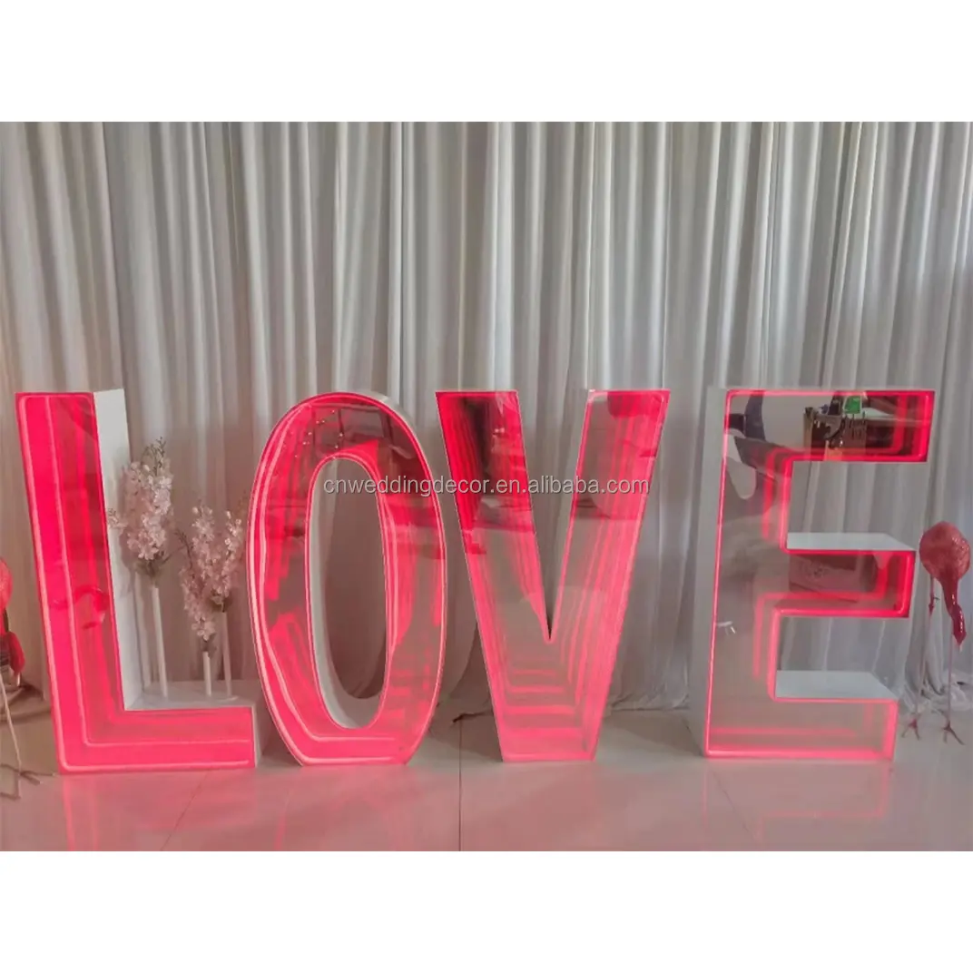 Suministros de fiesta de boda con letras LED, telón de fondo de metal RGB, marquesina, número de letras