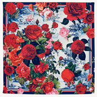 Écharpe en twill de soie à motif de roses rouges et bleu marine, romantique et élégante, de couleur unie, inspirée de l'Orient, vente en gros