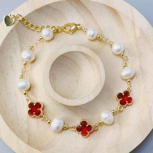 Freshwater Pearl Four Leaf Clover <b>Bracelet</b> Gold Plated <b>Red</b> Inlay Gift Jewelry For Women Fashion Beaded <b>Bracelets</b> - Product Image 1