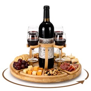 Plateau à fromage rond en bambou avec porte-verres à vin, plateau rotatif pour apéritifs et en-cas pour servir lors de fêtes - Product Image 1