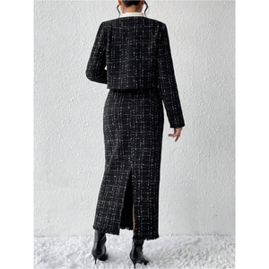 <span class=keywords><strong>Ensemble</strong></span> décontracté 2 pièces pour <span class=keywords><strong>femme</strong></span> : haut court et jupe longue à <span class=keywords><strong>carreaux</strong></span> avec boutons décoratifs, tissé et teint, costumes pour femmes - Product Image 6