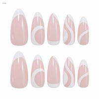 Faux ongles à presser de taille moyenne, base rose nude, pointe française blanche et motif ligne ondulée, finition brillante