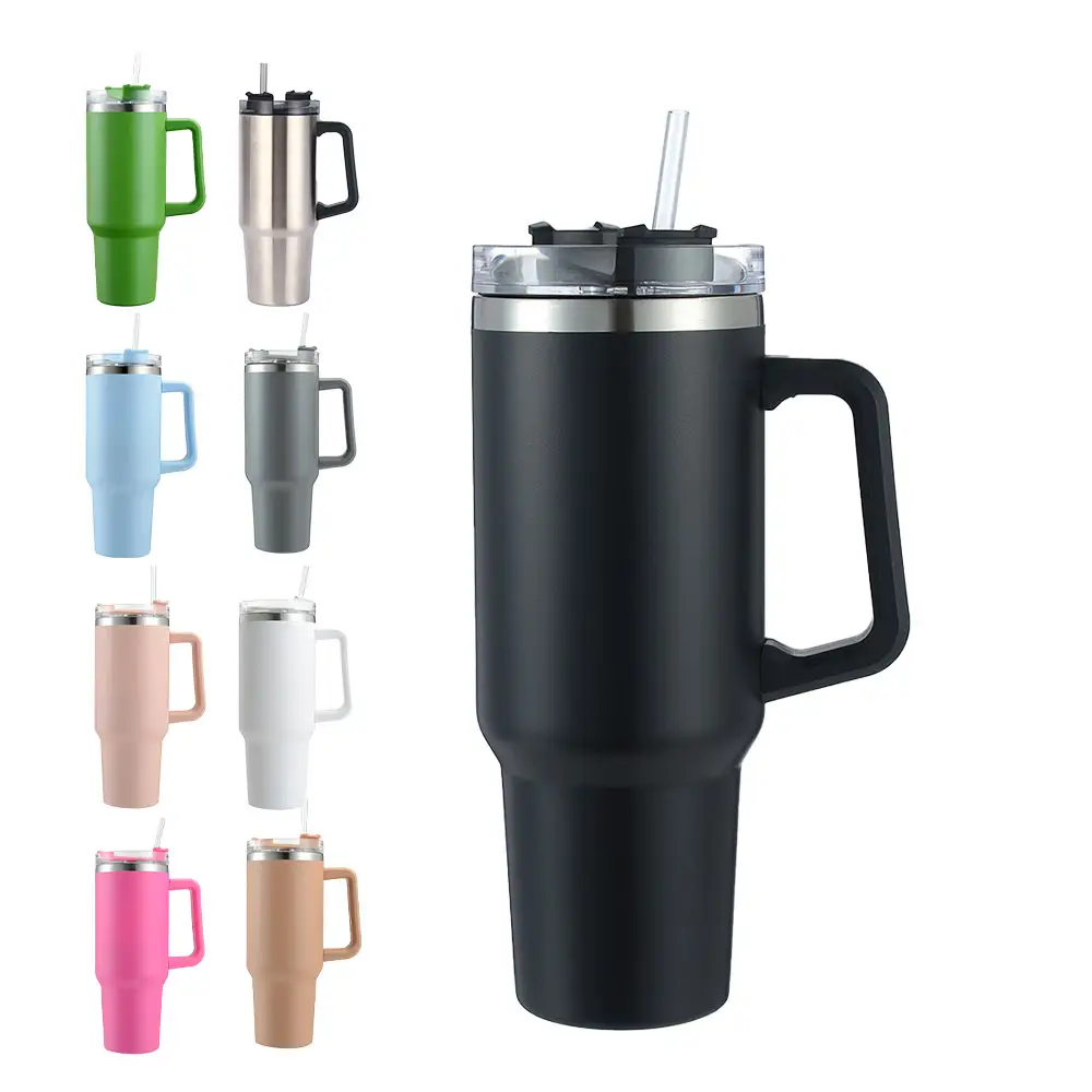 Custom Double Wall Vacuum Metal Cup Reusable Travel Coffee Mug Powder Coated 40oz Stainless Steel Tumbler With Handle