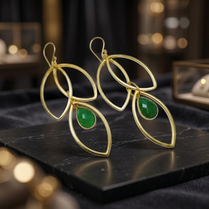 Boucles d'oreilles pendantes ovales géométriques tendance en laiton plaqué or 18 carats avec pierre verte enroulée de fil, bijoux de fête pour femmes - Product Image 3